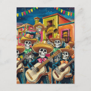 Cartão Postal De Festividades Vibrant Skeleton Mariachi Banda Día de Los Muertos