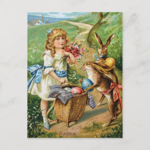 Cartão Postal De Festividades Victorian Girl with Easter Bunnies & Eggs Post
