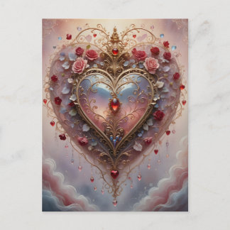 Cartão Postal De Festividades Victorian golden heart, roses and flowers, vintage
