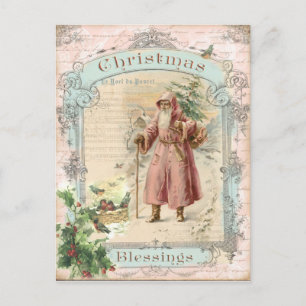 Cartão Postal De Festividades Victorian Santa Claus Pink Tree Birds Christmas