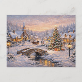 Cartão Postal De Festividades Vila Mágica de Natal Nevada ao Pôr do Sol