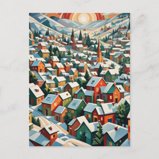 Cartão Postal De Festividades village d'hiver sous la neige vintage