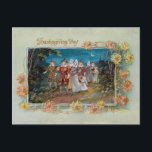 Cartão Postal De Festividades Vintage Ação de Graças em Lua<br><div class="desc">Linda cena representando um grupo de peregrinos caminhando da igreja à lua. A vinheta é enquadrada por crisântemos amarelo e laranja.</div>