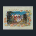 Cartão Postal De Festividades Vintage Ação de Graças em Lua<br><div class="desc">Linda cena representando um grupo de peregrinos caminhando da igreja à lua. A vinheta é enquadrada por crisântemos amarelo e laranja.</div>