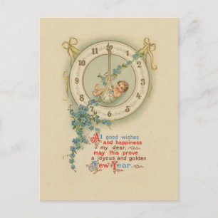 Cartão Postal De Festividades Vintage Anos novos Baby Clock