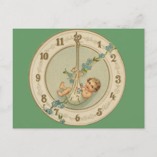 Cartão Postal De Festividades Vintage Anos novos Baby Clock