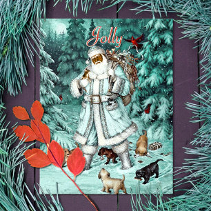 Cartão Postal De Festividades Vintage Aqua Blue Black Papai Noel Natal