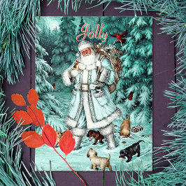 Cartão Postal De Festividades Vintage Aqua Blue Papai Noel Woods