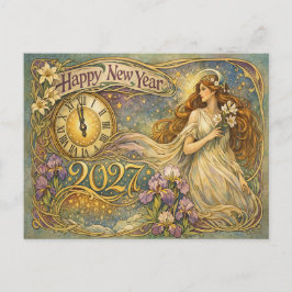 Cartão Postal De Festividades Vintage Art Nouveau Floral Happy New Year 2027