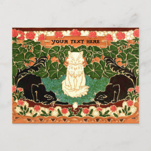 Cartão Postal De Festividades Vintage Art Nouveau Três Gatos em Jardim Flor