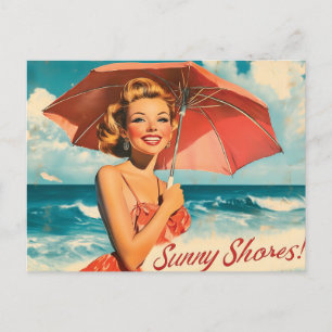 Cartão Postal De Festividades Vintage Beach Vacation Poster: Pin-Up loiro