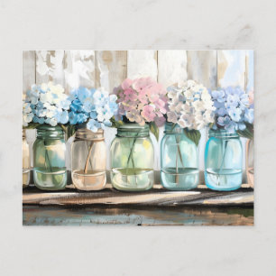 Cartão Postal De Festividades Vintage Blossom Hydrangea Mason Jars