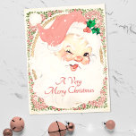 Cartão Postal De Festividades Vintage Blush Pink Winking Papai Noel Natal<br><div class="desc">papais noeis do estilo mundial,  aflitos e curados. claus vestidos de belo chapéu cor-de-rosa pincelado,  sinalizando um piscar os olhos de feriado alegre. O nick santo está rodeado de ouro e de uma armação vitoriana floral,  e uma saudação que pode ser personalizada</div>