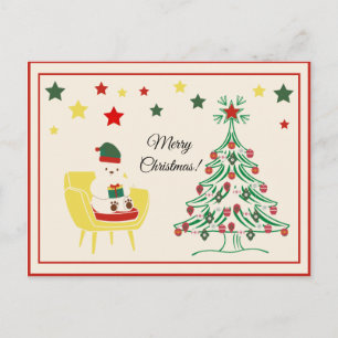 Cartão Postal De Festividades Vintage Bonito Urso Branco Feliz Natal