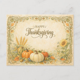 Cartão Postal De Festividades Vintage Botanical Thanksgiving Pumpkin Harvest