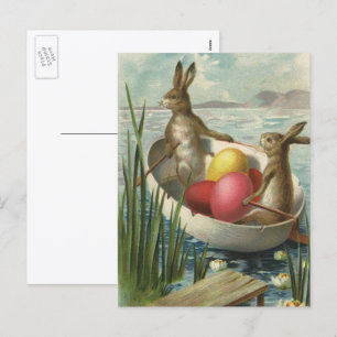 Cartão Postal De Festividades "Vintage Bunnies in Boat", "Loving Páscoa Saudaç