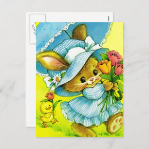 Cartão Postal De Festividades Vintage Bunny e Páscoa Pintinho