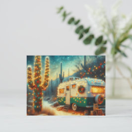 Cartão Postal De Festividades Vintage Camper Christmas em Desert Saguaro Cactus