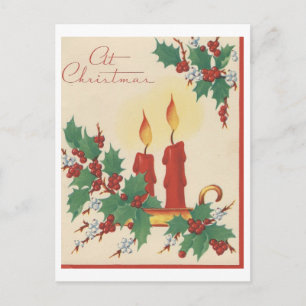 Cartão Postal De Festividades Vintage Candle E Holly Christmas Card