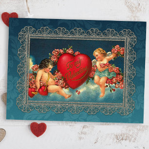 Cartão Postal De Festividades Vintage Cherubs e Namorados Heart