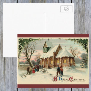 Cartão Postal De Festividades Vintage Christmas Church Parishioners at Dawn Mass