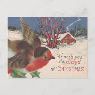 Cartão Postal De Festividades Vintage Christmas Winter Bird