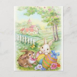 Cartão Postal De Festividades Vintage, coelhinhos da Páscoa nostálgicos