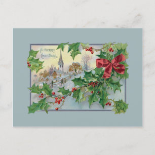 Cartão Postal De Festividades Vintage Country Church e Holly