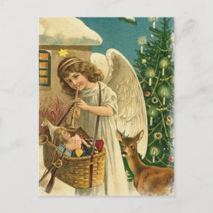 Cartão Postal De Festividades Vintage Design Angel, veado e árvore de Natal
