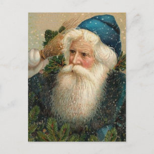 Cartão Postal De Festividades Vintage Design Blue Santa Clause and Snow