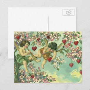 Cartão Postal De Festividades Vintage Dia de os namorados vitoriano Cupids Árvo