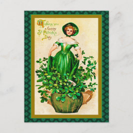 Cartão Postal De Festividades Vintage Dia de São Patrício Garota Verde Vestida