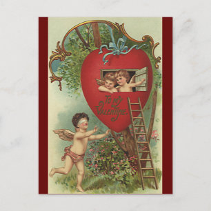Cartão Postal De Festividades Vintage Dia dos Namorados Vitoriano Querubins Casa