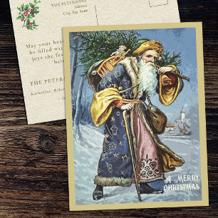 Cartão Postal De Festividades Vintage Dourado Blue Padre Árvore de Natal e Brinq
