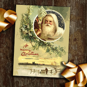 Cartão Postal De Festividades Vintage Dourado Pai Natal Cena de inverno