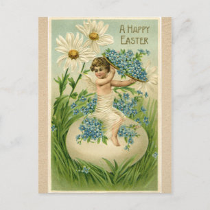 Cartão Postal De Festividades Vintage Easter angel sitting on egg with flowers