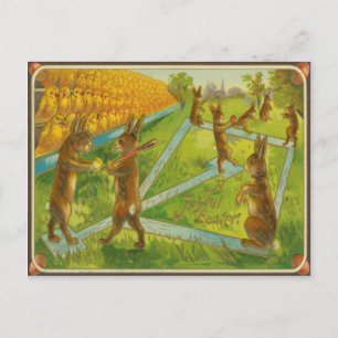 Cartão Postal De Festividades Vintage Easter Bunnies Jogando Pintinhos De Baseba