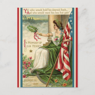 Cartão Postal De Festividades Vintage EUA Patriotic Lady Liberty Memorial Day