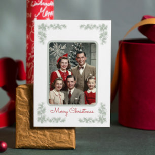 Cartão Postal De Festividades Vintage Family Foto Green Pine Frame Natal