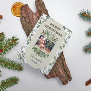 Cartão Postal De Festividades Vintage Family Photo Foliage Greenery Natal