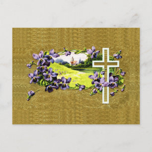 Cartão Postal De Festividades Vintage Faux Dourada Leaf Christian Páscoa Cross