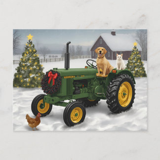 Cartão Postal De Festividades Vintage Fazenda Trator Dog Cat