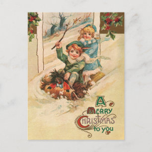 Cartão Postal De Festividades Vintage Felry Christmas Children in leight