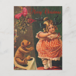 Cartão Postal De Festividades Vintage Felry Christmas Girl and Bear