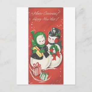 Cartão Postal De Festividades Vintage Felry Christmas Snowman Casal
