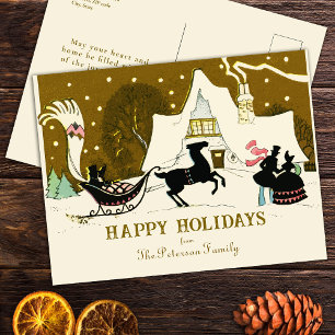 Cartão Postal De Festividades Vintage, Festa de Natal Dourada Cena de inverno