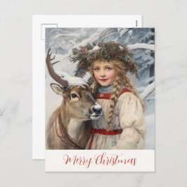 Cartão Postal De Festividades Vintage Girl and Reindeer Christmas Card
