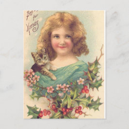 Cartão Postal De Festividades Vintage Girl de Natal com gato