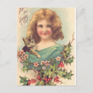 Cartão Postal De Festividades Vintage Girl de Natal com gato