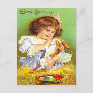 Cartão Postal De Festividades Vintage Girl with Bunny & Easter Egs Páscoa Card